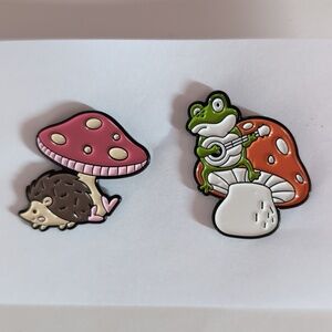 Frog With Banjo Pin with Orange Mushroom And Hedgehog With Pink Mushroom Pin